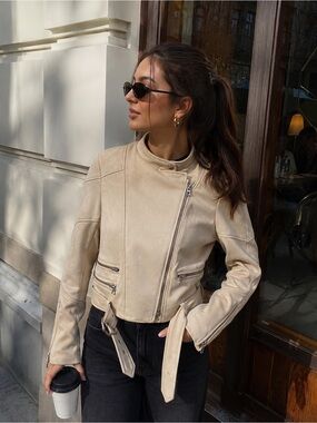 Zara Cream Asymmetric Leather Moto Jacket with Belt Detail